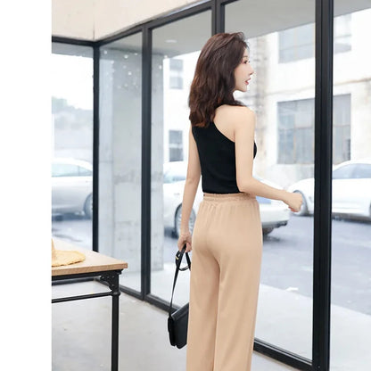 Women Wide Leg Long Pants Casual Solid Elastic Waist Loose Ankle-Length Ice Silk Pants Spring Summer Straight Female Trousers