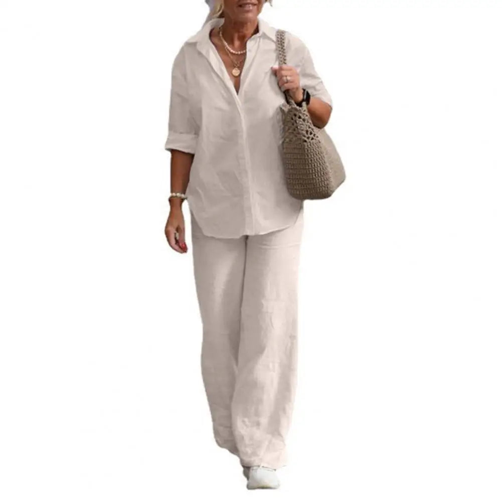 Women's 2 Piece Sets Outfits Loose T-shirt Long Pants Leisure Two-piece Set 	Cotton Linen Top Wide Leg Pants Loose Summer Suit