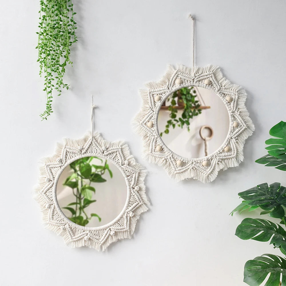 Macrame Decorative Wall Mirror  Boho Home Decor Makeup Aesthetic Mirrors Living Room Bedroom Christmas Wedding Decoration Gift