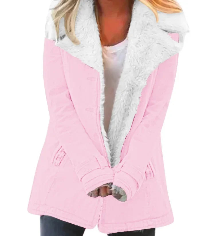 Women Autumn Winter Solid Color Plush Lapel Coat Jacket Fashion Casual Parka Jacket