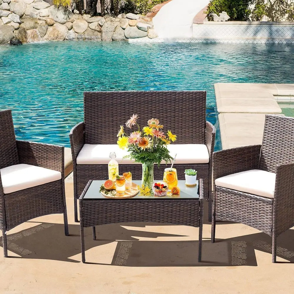 4-Piece Rattan Lounge Garden Furniture Set Balcony Seating Group for 4 People Sofa, Single Chairs, Table and Seat Cushions