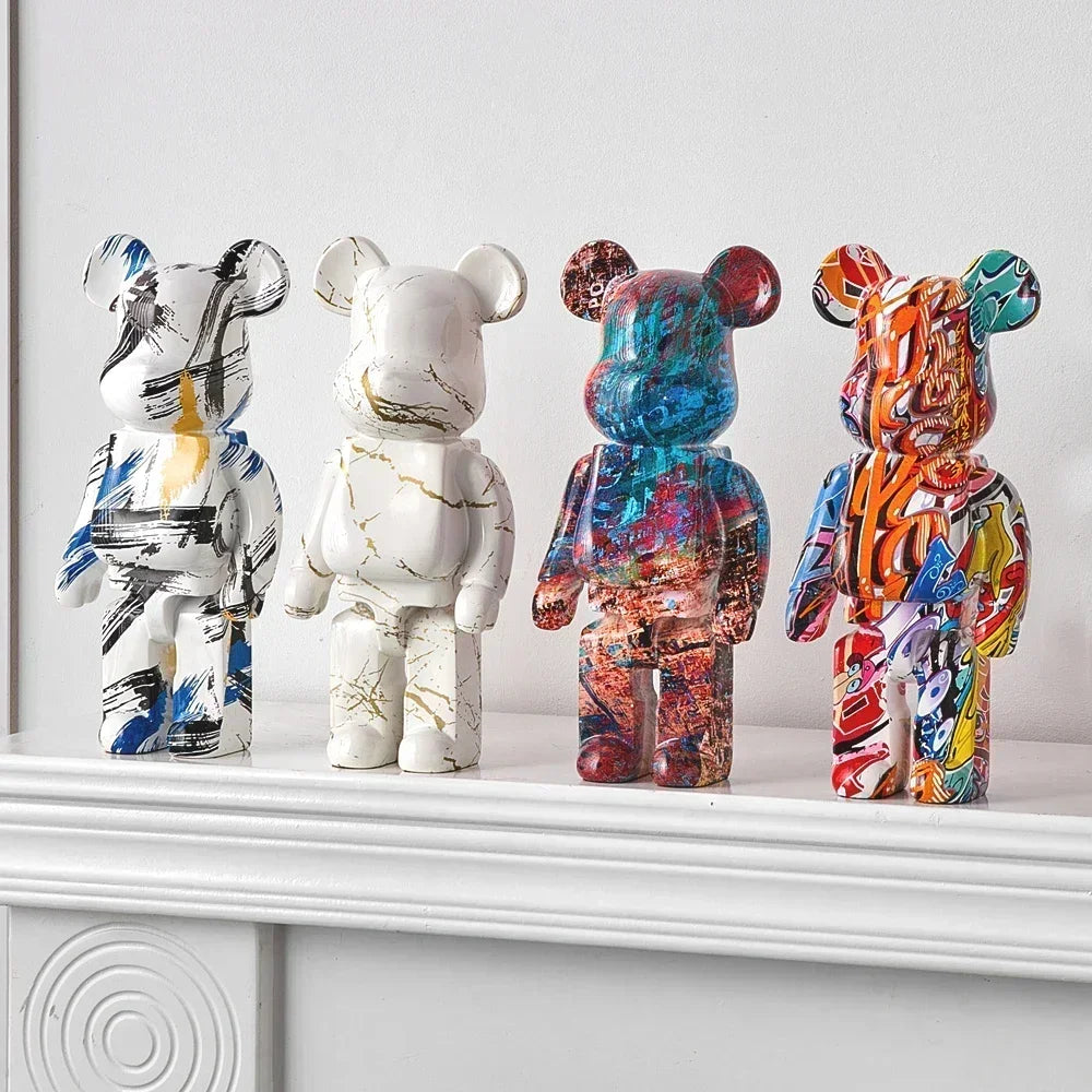 27cm Graffiti Bear Statue Paint Block Bear Decor Resin Desktop Ornaments Home Decoration Living Room Bear Floor Sculpture Gifts