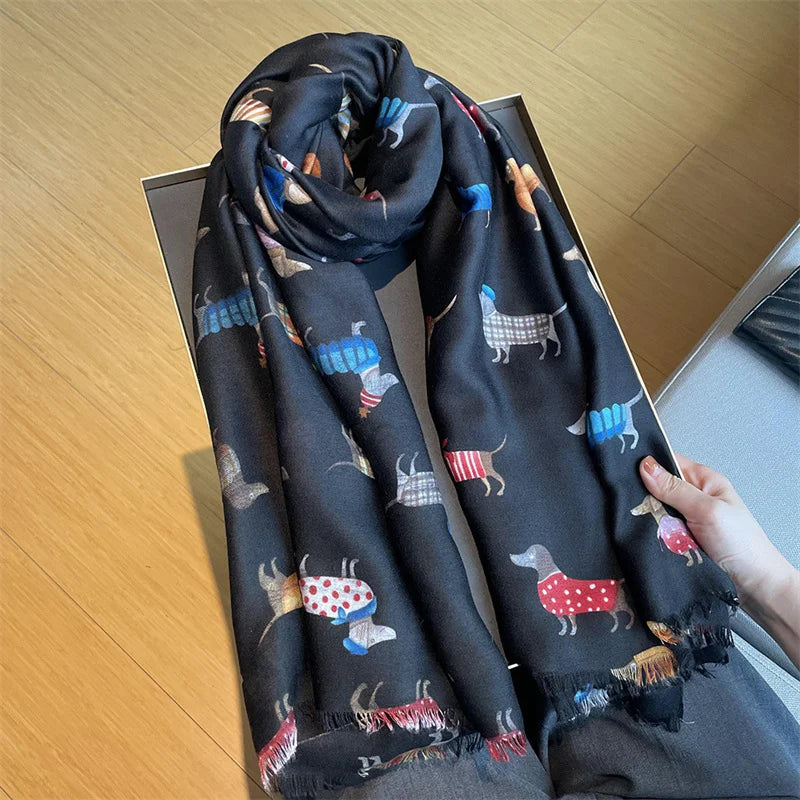 Cartoon Dachshund Dog Pattern Fringe Viscose Scarf Poodle Print Soft Voile Shawls and Wraps Pashmina Muslim Hijab Sjaal 180*90Cm