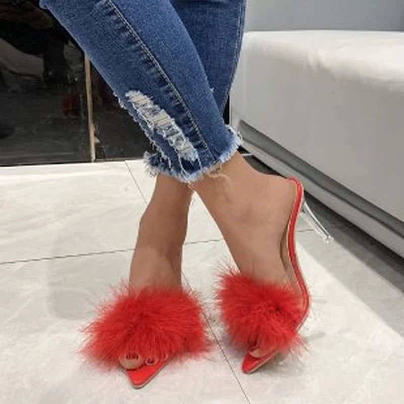 2022 New Summer High-heeled Plus Size Sandals and Slippers Women Fine-heeled Suede Furry Pointed Toe Fashion Women's Shoes