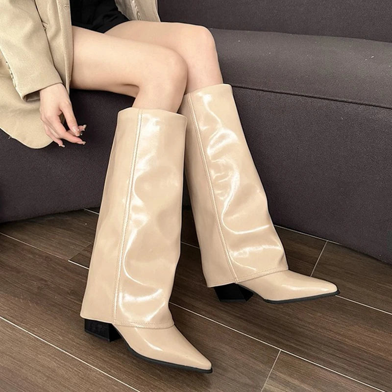 Knee High Heels Women Boots Leather Chunky Fashion Shoes Pointed Toe Snow Long Boots New Designer Pumps Punk Chelsea Botas Mujer