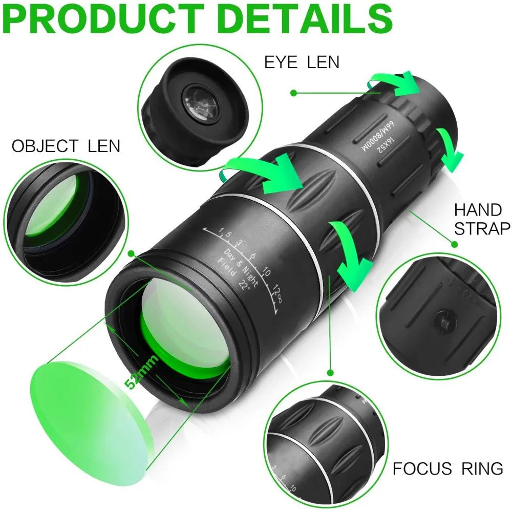 16x52 HD Portable Green Film Monocular Telescope,For Birdwatching Hiking Concert Photography Powerful Long Range Spyglass