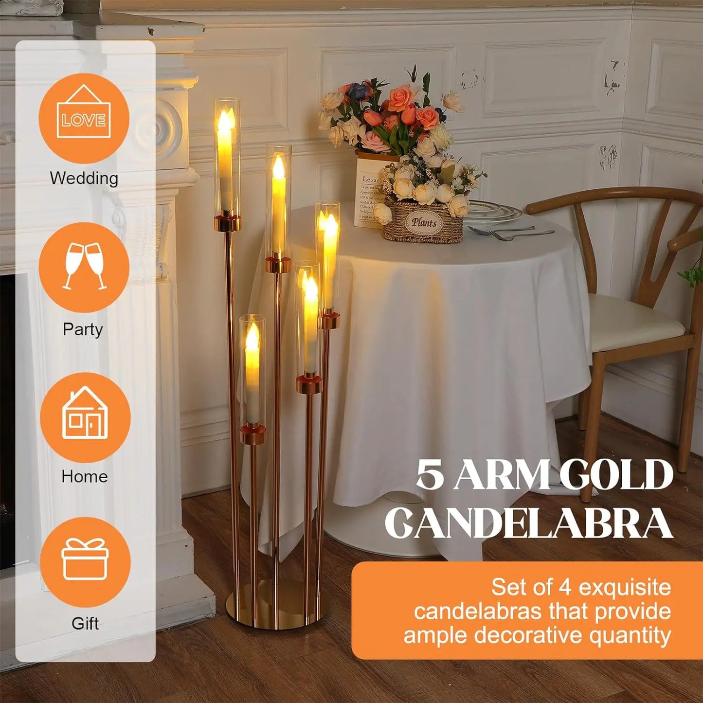 Floor Candelabra 5 Arm 42.5'' Tall Gold Candle Holder, Candelabra Centerpieces for Tables, Metal Candlestick Set with Acry