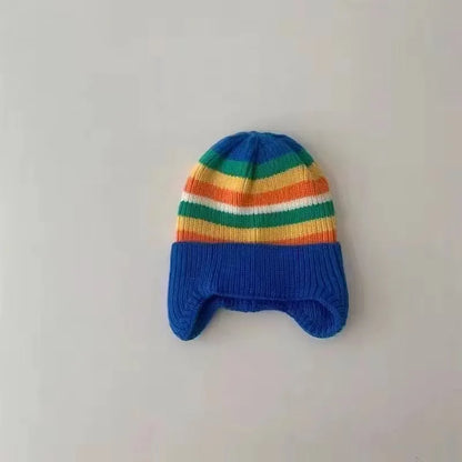 Winter Baby Knit Hat Korean Striped Rainbow Kids Beanie 1-4Year Boy Girl Warm Ear Protection Cap Colorful Children Earmuffs Caps