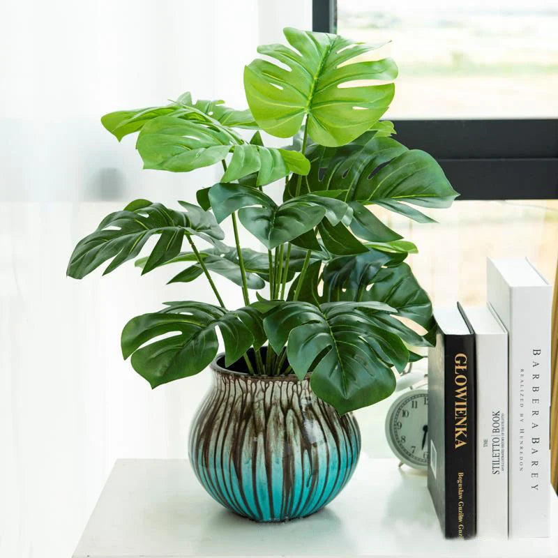 43cm 12 Forks Artificial Monstera Tree Green Fake Plants Plastic Evergreen Leaves Tropical Faux Palm Leaf For Home Garden Decor