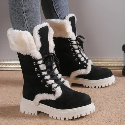 Thicken Plush Snow Boots for Women Winter Faux Fur Platform Ankle Boots Woman Mid-calf Lace-up Snow Boots Thickened Cotton Shoes