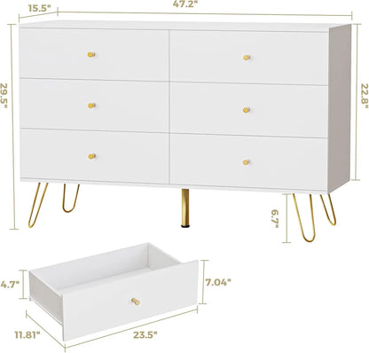 White Dresser for Bedroom, Wide Wood 6 Drawer Dressers & chests of Drawers, TV Stand for 55" TV, Modern Storage Drawers for Entr