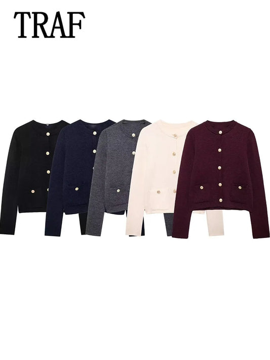 TRAF Autumn Golden Breasted Cropped Cardigan Women Knitted Short Sweaters Cardigans for Women Long Sleeve Button Knitwears Coat