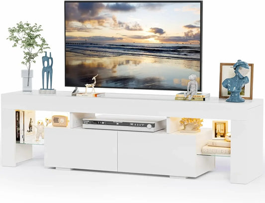 TV Stand with LED Lights, Modern Entertainment Center Media and Open Shelf Console Table Storage Desk with 1 Drawer and Remote