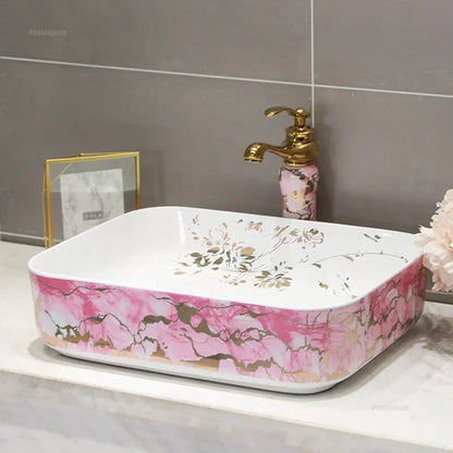 Nordic Pink Bathroom Sinks Simple Retro Above Counter Basin Art Ceramic Wash Basin Home Hotel Bathroom Washbasins Single Basin D