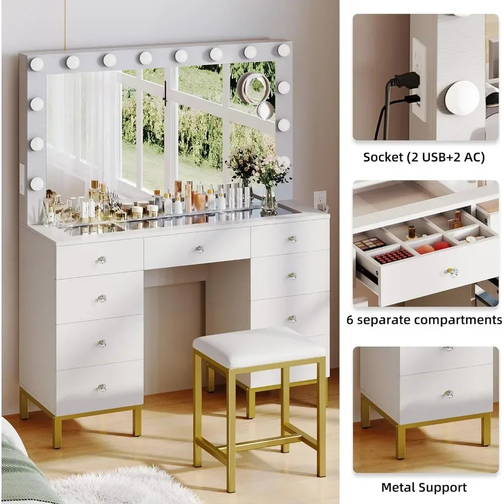 Large Glass Top Vanity Makeup Mirror Desk Crystal Handle 3 Color Lighting Modes 9 Drawers Magnifying Glass White Dresser Table