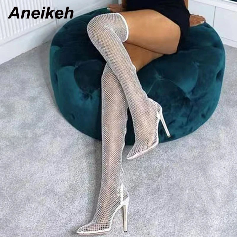 Aneikeh Sexy Bling Rhinestone Mesh Shoes Over The Knee Boots Women Pointed Toe Sandals Nightclub High Heels Botas Femininas 2024