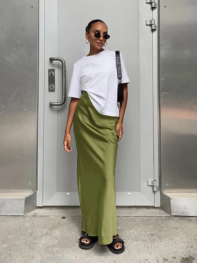 Elegant Satin Black Trumpet Skirts Fashion Slim High Waist Skirts Women Female Solid Office Long Skirt Spring Summer