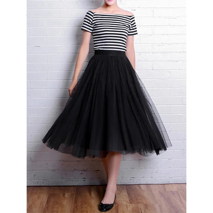 Vintage Tulle Skirt Women Streetwear Elastic High Waist Mesh Pleated Skirts Summer Elegant Korean A Line Office Ladies Skirt New