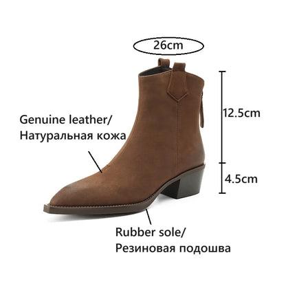 NEW Autumn Women Boots Pointed Toe Chunky Heel Shoes Genuine Leather Shoes for Women Concise Zipper Ankle Boots Western Boots