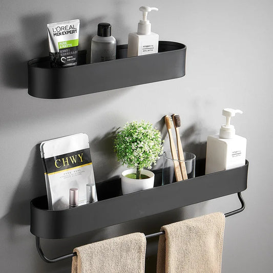 Black Bathroom Shelf Shower Basket Kitchen Storage Rack With Towel Bar Cosmetics Wall Shelves Bathroom Accessories