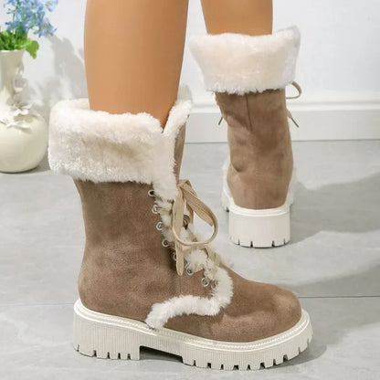 Thicken Plush Snow Boots for Women Winter Faux Fur Platform Ankle Boots Woman Mid-calf Lace-up Snow Boots Thickened Cotton Shoes