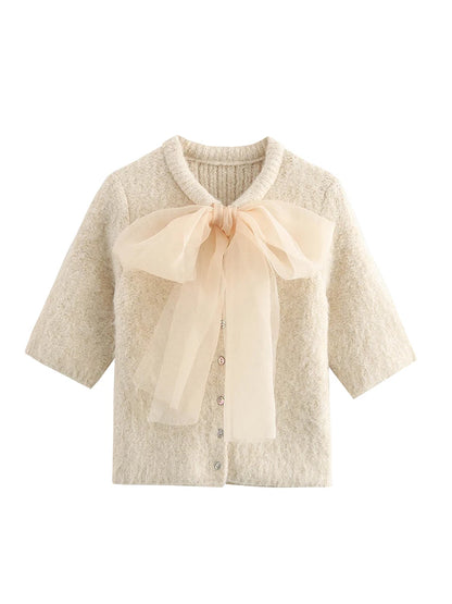 Fluffy Knitted Cardigan Women Big Lace Bow Single Breasted O-neck Female Sweater 2024 Autumn Winter Fashion Loose Lady Knitwear