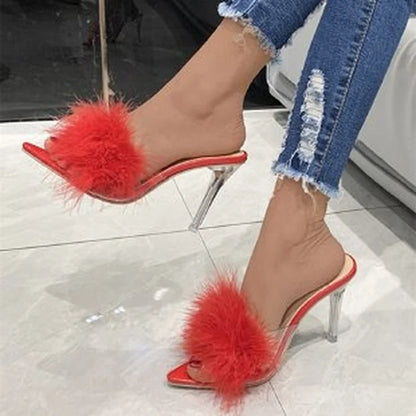 2022 New Summer High-heeled Plus Size Sandals and Slippers Women Fine-heeled Suede Furry Pointed Toe Fashion Women's Shoes