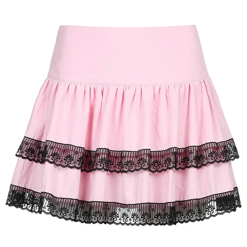 FICHOR Mall Goth Gothic Lace Ruffle Mini Skirts Womens Harajuku Fairy Grunge Pink Plaid Pleated Skirt Japanese Lolita Streetwear