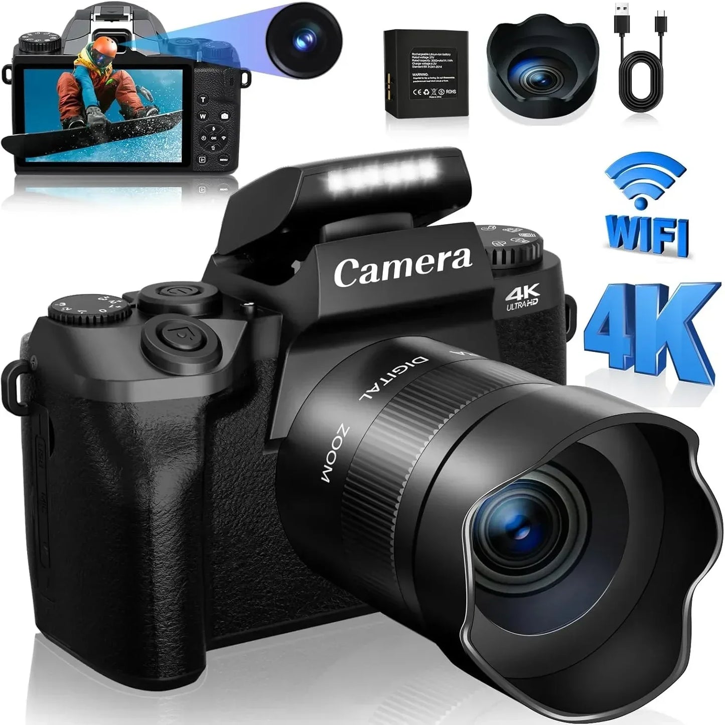 4K DSLR Cameras for Photography 64MP WiFi Auto Focus YouTube Vlogging Video Cameras 60FPS Livestream Camcorder 4" Touch Screen