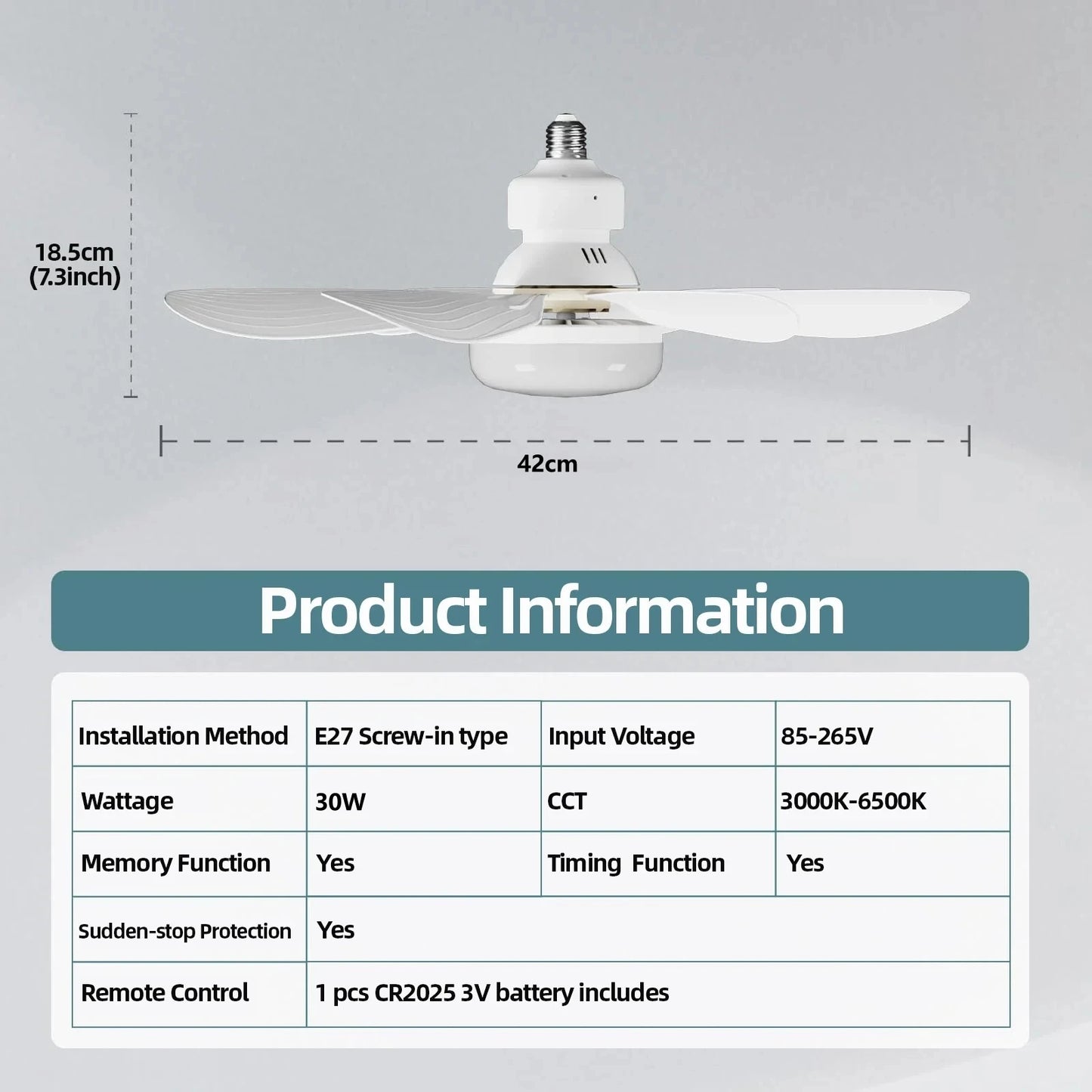 LED 30W Ceiling Fan Light E27 with Remote Control for Dimming, Suitable for Living Room, Study, Household Use, 85-265V Bulb