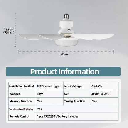 LED 30W Ceiling Fan Light E27 with Remote Control for Dimming, Suitable for Living Room, Study, Household Use, 85-265V Bulb