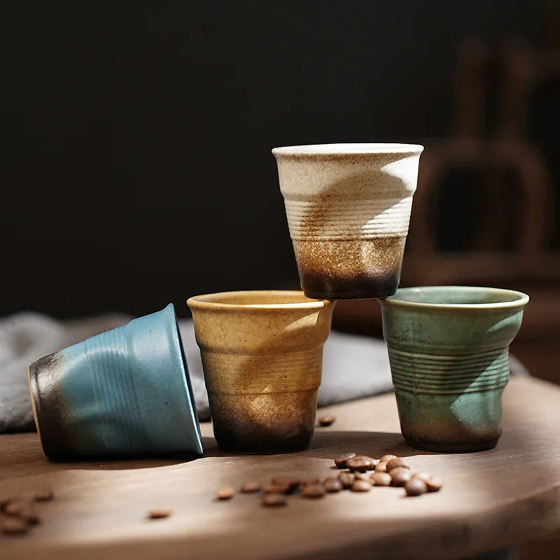 80ml espresso cup Cross-border creative Retro coarse pottery hand pleated cup Latte cup in antique ceramic teacup kitchen tools