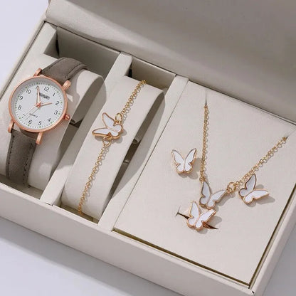 6Pcs Sets Luxury White Leather Analog Ladies Quartz Wrist Watch Fashion Butterfly Design Earring Bracelet Necklace Gifts