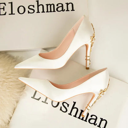 Women's Metal Flowers Stiletto High-heel Shoes Female New Light Luxury Sexy Fashion Wedding Shoes Pointed Toe Satin Single Shoes