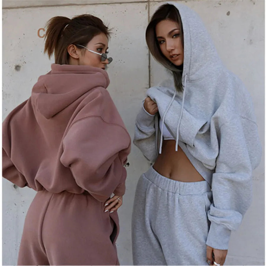 Women Sports Two Piece Sets Hoodie Trousers Solid Color Hooded Pants Outfits Sweatshirt Suit 2024 Autumn Winter Tracksuit