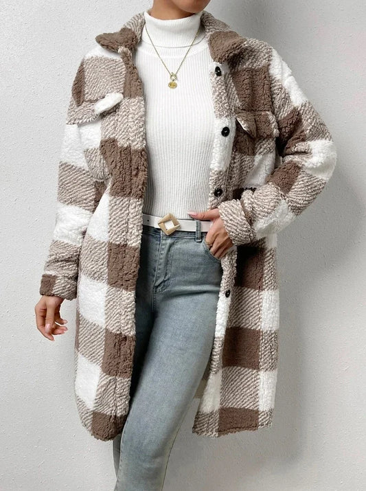 Cardigan 2023 Autumn Long Sleeved Turn-down Collar Plush Plaid Coat Loose Temperament Commuter Longline Jacket Women Outerwear