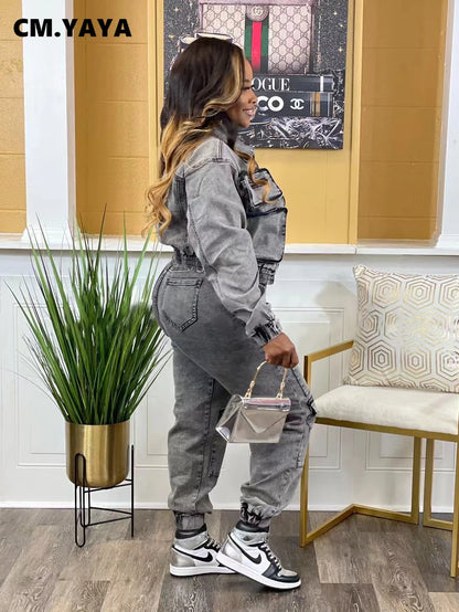 CM.YAYA Fashion Denim Women's Set Pocket Front Jacket and Pocket Cargo Jeans Pants 2024 Street Two 2 Piece Sets Outfit Tracksuit