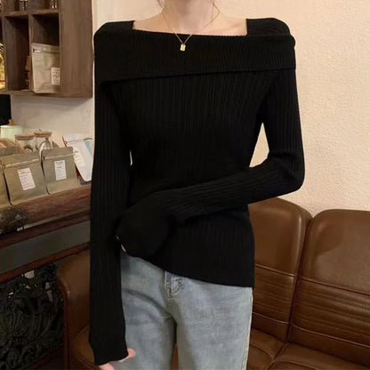 Women Slim Off Shoulder Knit Sweater Slash Neck Long Sleeve Knitwear Jumpers Office Sweater For Women 2023 Autumn Winter