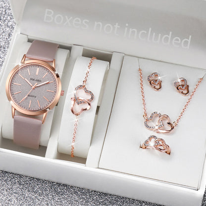 5PCS/Set Fashion Matte Dial Women Watches Diamond Heart Jewelry Set Casual Leather Band Quartz Watch（Without Box）