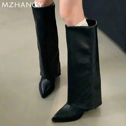 Chunk Leather High Boots Women Knee High Pointer Toe Heels Shoes Woman Trend Chelsea Boots New Pumps Mujer Snow Gladiator Botas