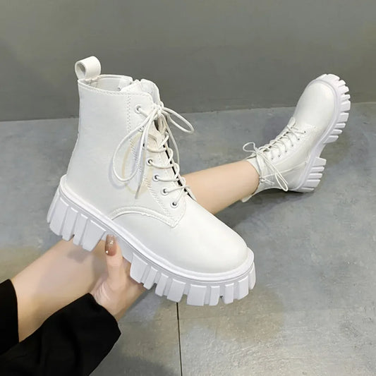 Chunky Platform White Ankle Boots Women Autumn Winter Pu Leather Booties Mujer Punk Thick Bottom Motorcycle Boots size 35-42