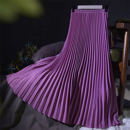 Spring Autumn Women's Pleated Skirts Korean Fashion High Waist Office Lady Long Skirt New Solid Color All-Match A-Line Skirts