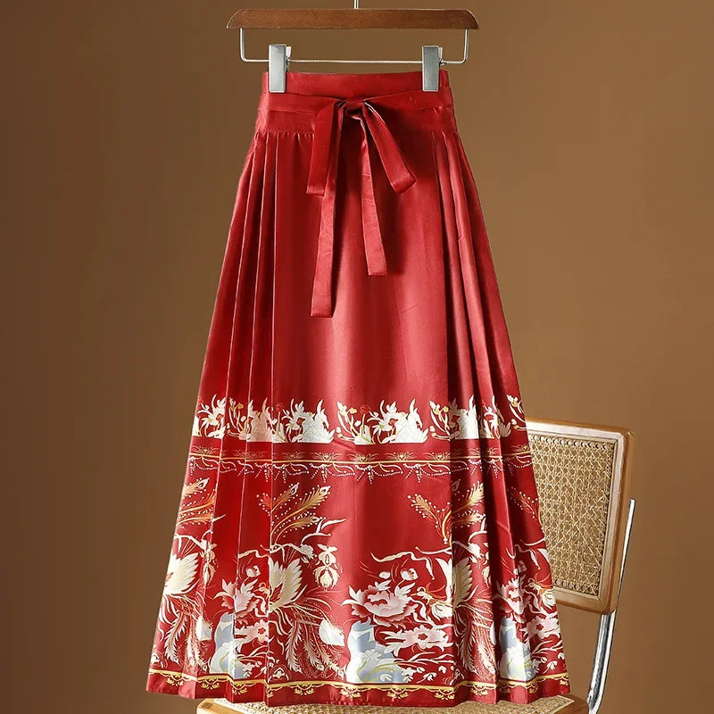 Maxi Chinese Style Horse Face Skirts Women Hanfu Vintage Harajuku Saia Casual Long Print Pleated Skirt Woman Clothing Faldas