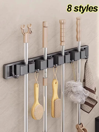 Mop and Broom Organizer Mop Holder Rack Mop Holder Wall Mounted Strong Broom Mop Holder Self With 5 Hooks Organizers Hang Broom