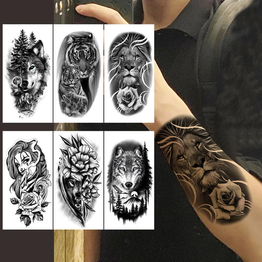 6Pcs/Pack Waterproof Disposable Animal Tattoo Stickers Wolf Tiger Temporary Tattoos for Men and Women Hand Arm Body Art