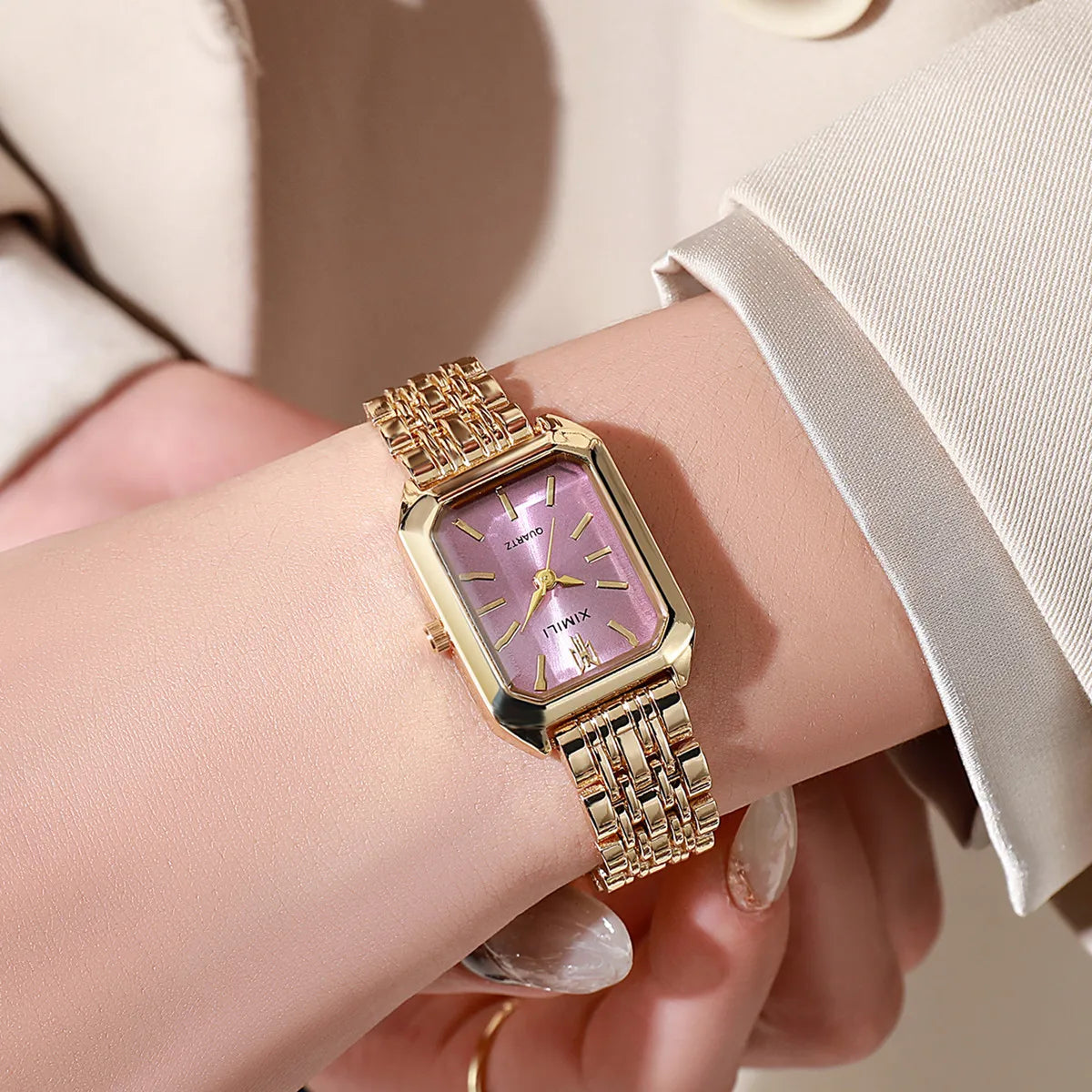 Women Watches Business Luxury Ladies Fashion Quartz Watch Simple Scale Square Quality Gold Plated Stainless Steel Folding Clock