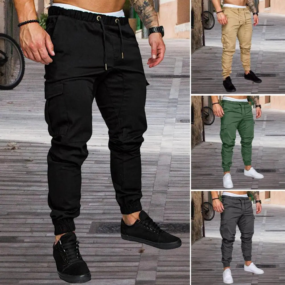 Men Cotton Pants Men's Ankle-banded Cargo Pants with Drawstring Waist Multiple Pockets for Gym Training Outdoor for Comfort