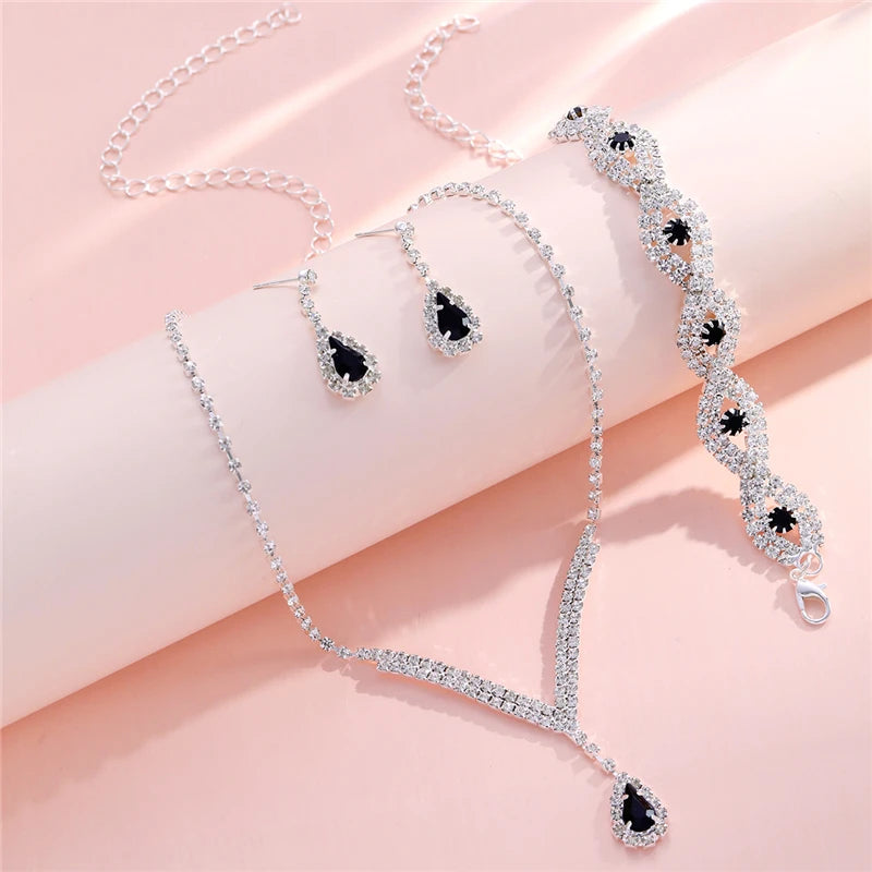 3 Pcs Luxury Rhinestone Bride Jewelry Set for Women Black Water Drop Crystal Earrings Wedding V Necklace Eye Bracelet Fashion