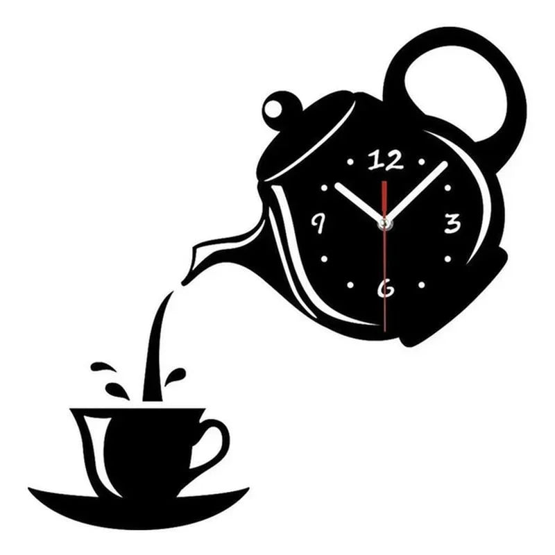 Creative Coffee Cup Teapot Wall Clock 3D Acrylic Kettle Shaped Wall Clocks for Office Home Kitchen Dining Living Room Decoration