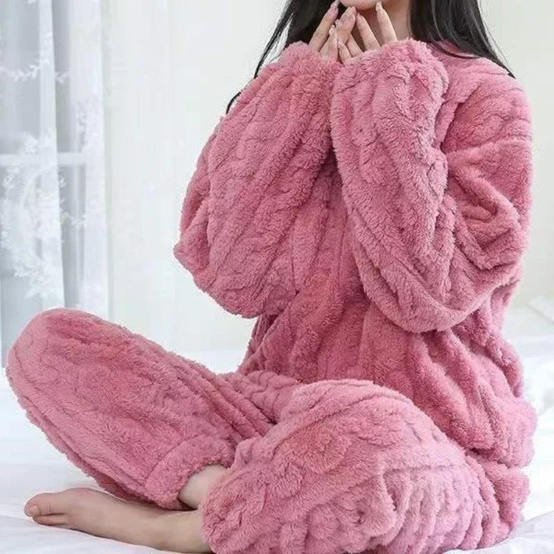 Women Warm 2 Piece Sets Thicken Velvet Ribbed Fleece Set Pullover and Pants Casual Pajama Sets Women Autumn Winter 2023